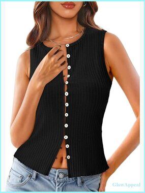 Cropped Ribbed Tank Top Slim Fit Button Down Summer Going Out Vest